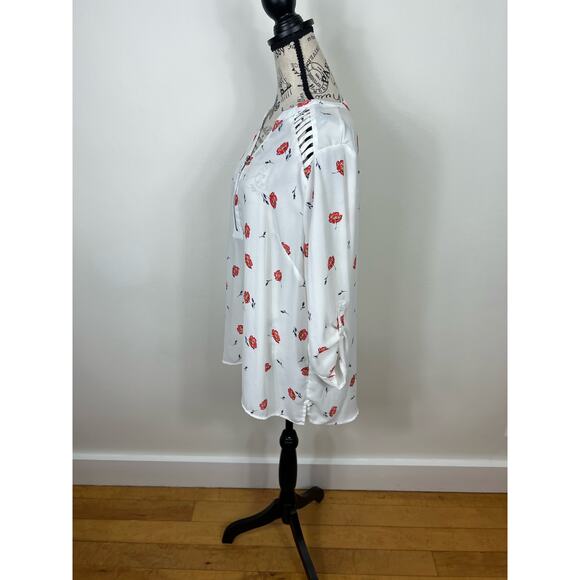 Maurices Semi Sheer white and red floral long sleeve V-neck Blouse - Picture 12 of 12